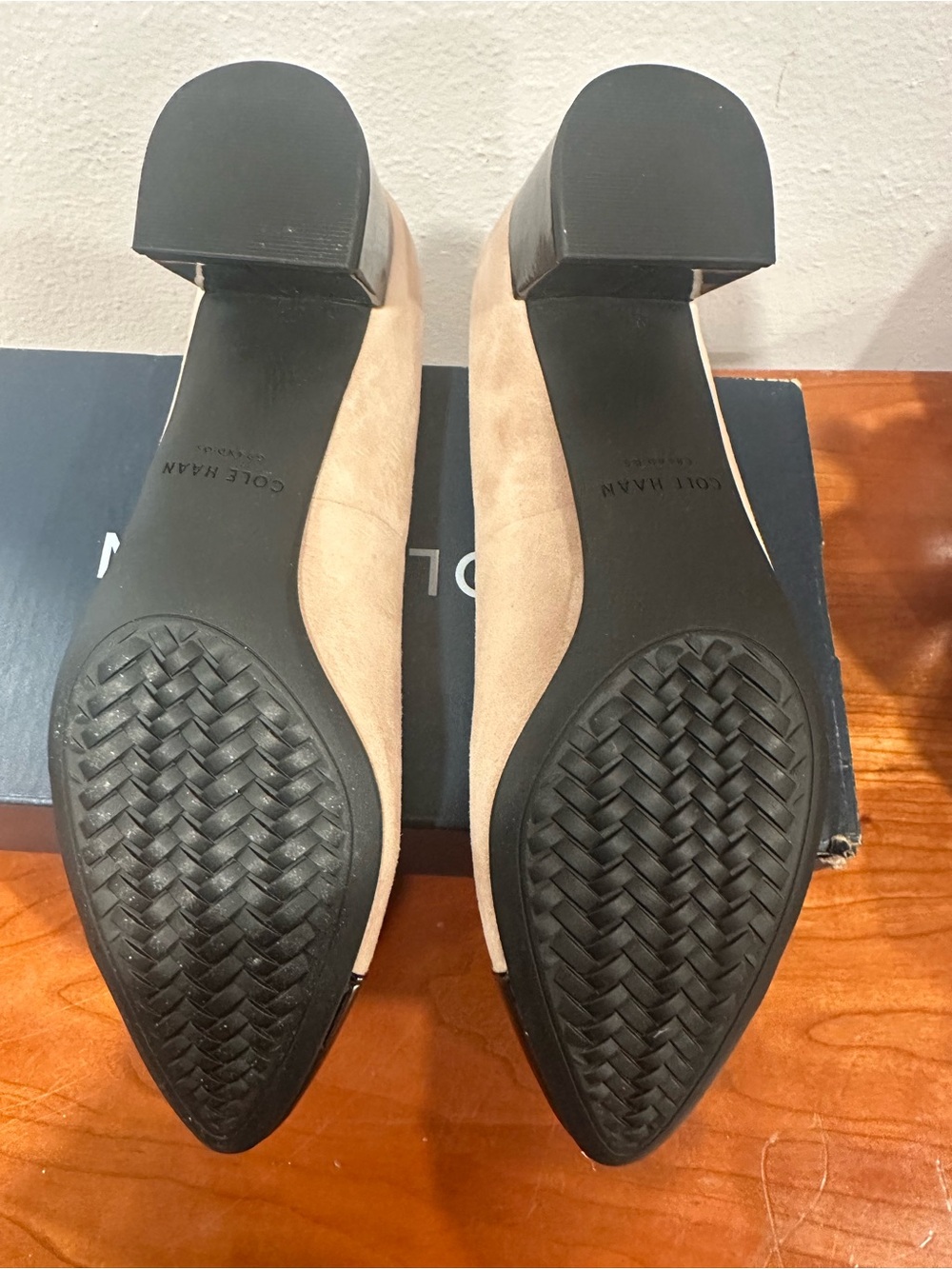 Cole Haan Two-Tone Beige Suede Pumps with Black Patent Toe - Picture 5 of 5